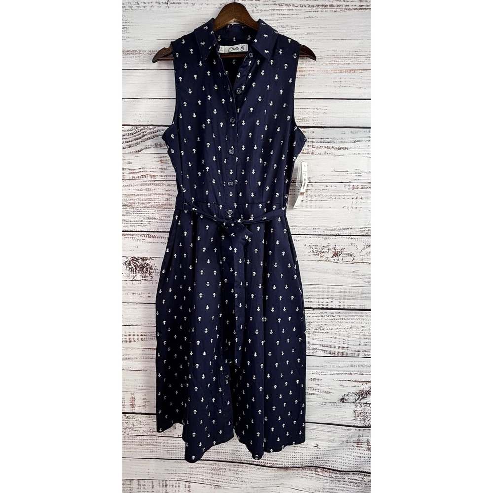 Nautical Sleeveless Shirt Dress 12 Nautical Anchor Print Cotton Midi Navy Blue - Picture 2 of 9